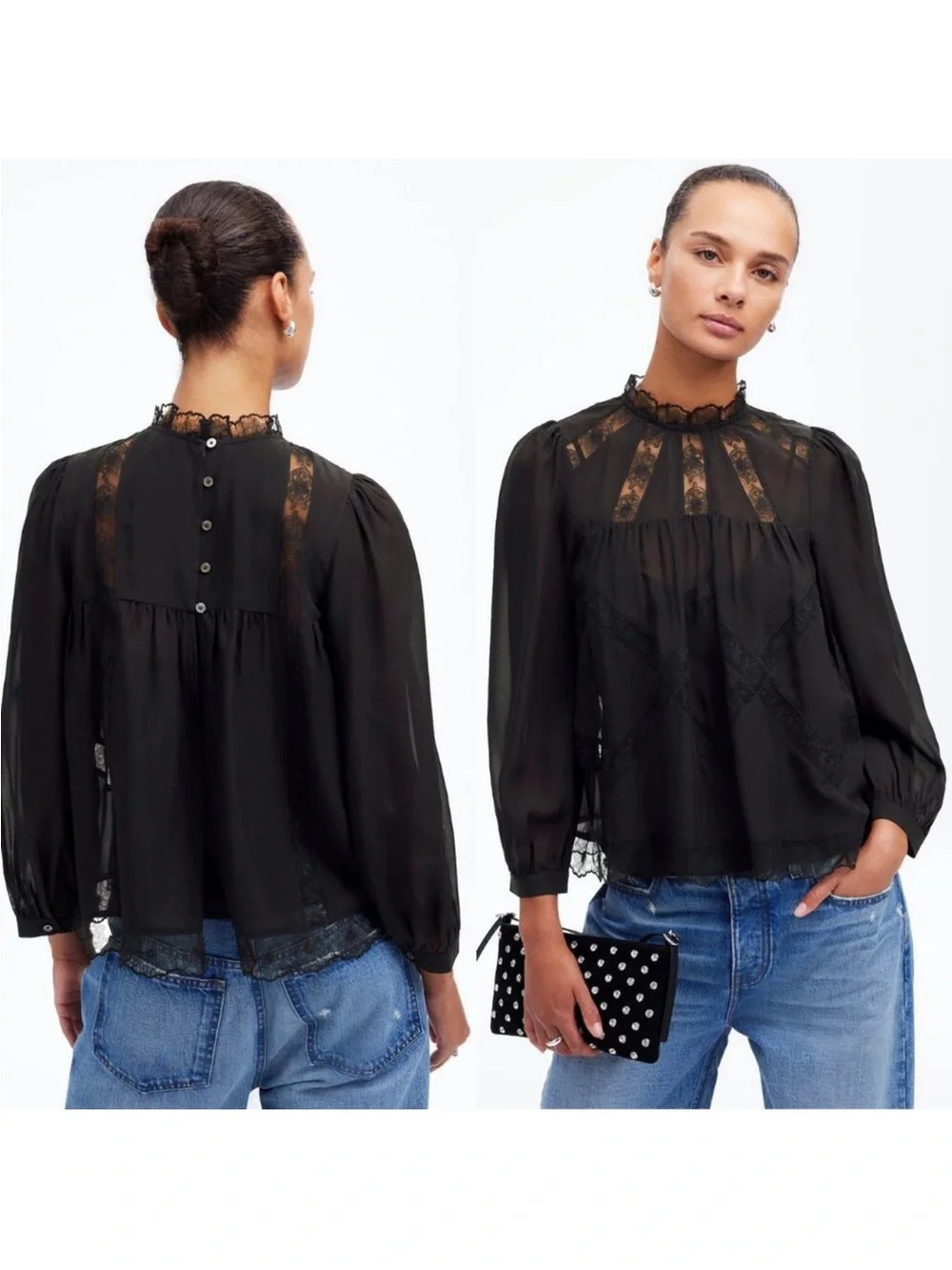 Madewell 100% Silk Black Lace-Trim High-Neck Blouse